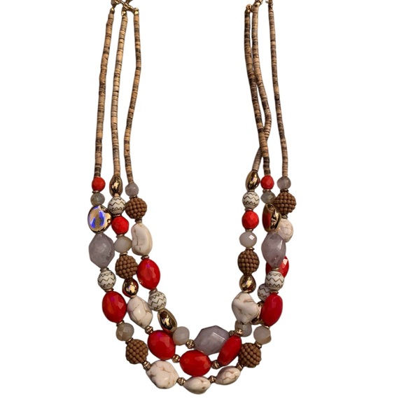 Time and Tru Jewelry - Multistrand red & neutral beaded statement necklace w/ free earrings